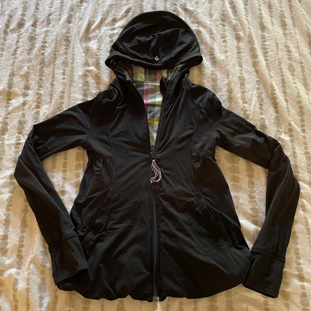 Ivivva Girls Black Reversible Plaid Hooded Zip-up Jacket